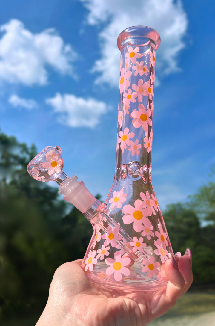 pink daisy floral glass bong with ice catcher

